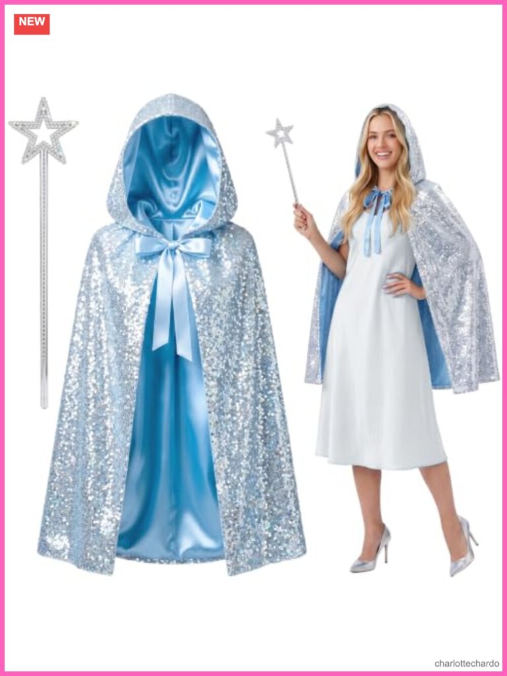 Sequin Hooded Fairy Cape & Star Wand Costume Accessory Set Women's